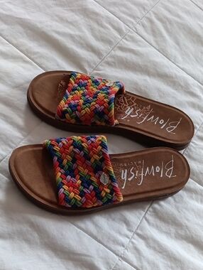 Blowfish Braided Rainbow Slide Sandals with Brown Footbed